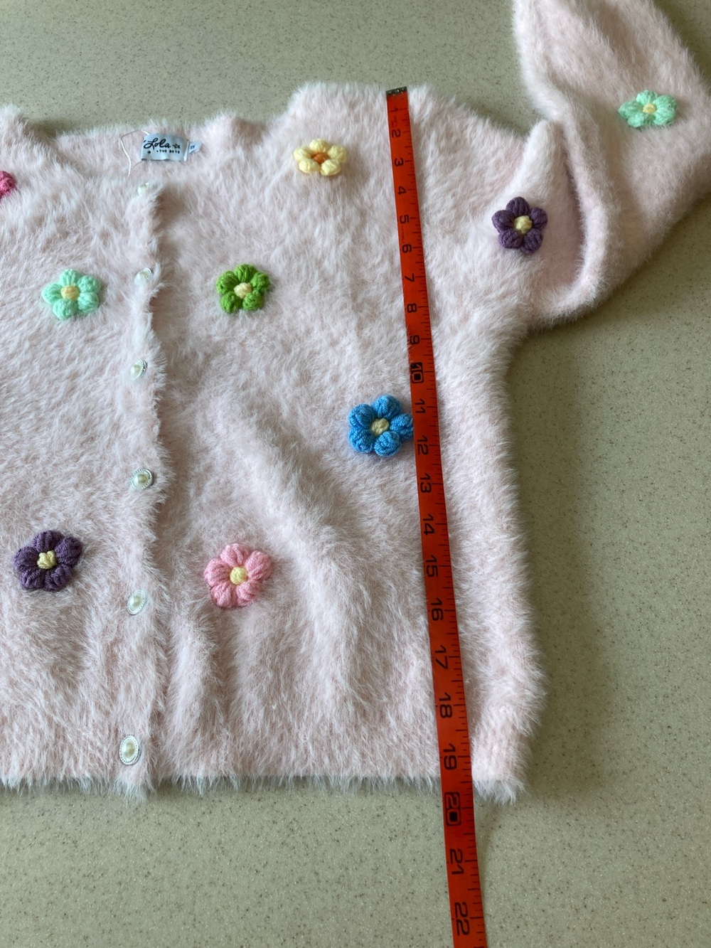 NWOT Lola + The Boys Pink Fuzzy Cardigan Multi 3D Crochet Flowers Girls Size 12 - Picture 8 of 9